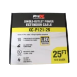 ProX 25 foot power extension cord with NEMA 5-15P connector, 12AWG SJTW cable, side profile view