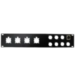 ProX 2U-8 XLR D +4 NL4 NAC3 unloaded rack panel showing rear connector configuration and XLR inputs