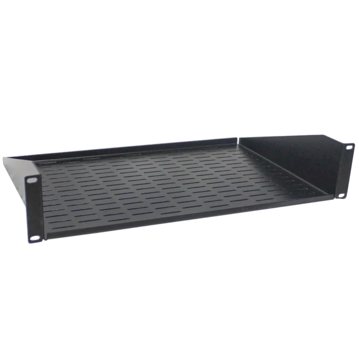 ProX 2U rack shelf with 12 inch depth, black metal construction, front view