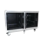 ProX 2X12U 24-inch deep vertical rack case with dual sliding slam doors and caster wheels in professional studio setting