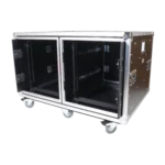 ProX 2X12U 24-inch deep vertical rack case with sliding slam doors and caster wheels, side profile view