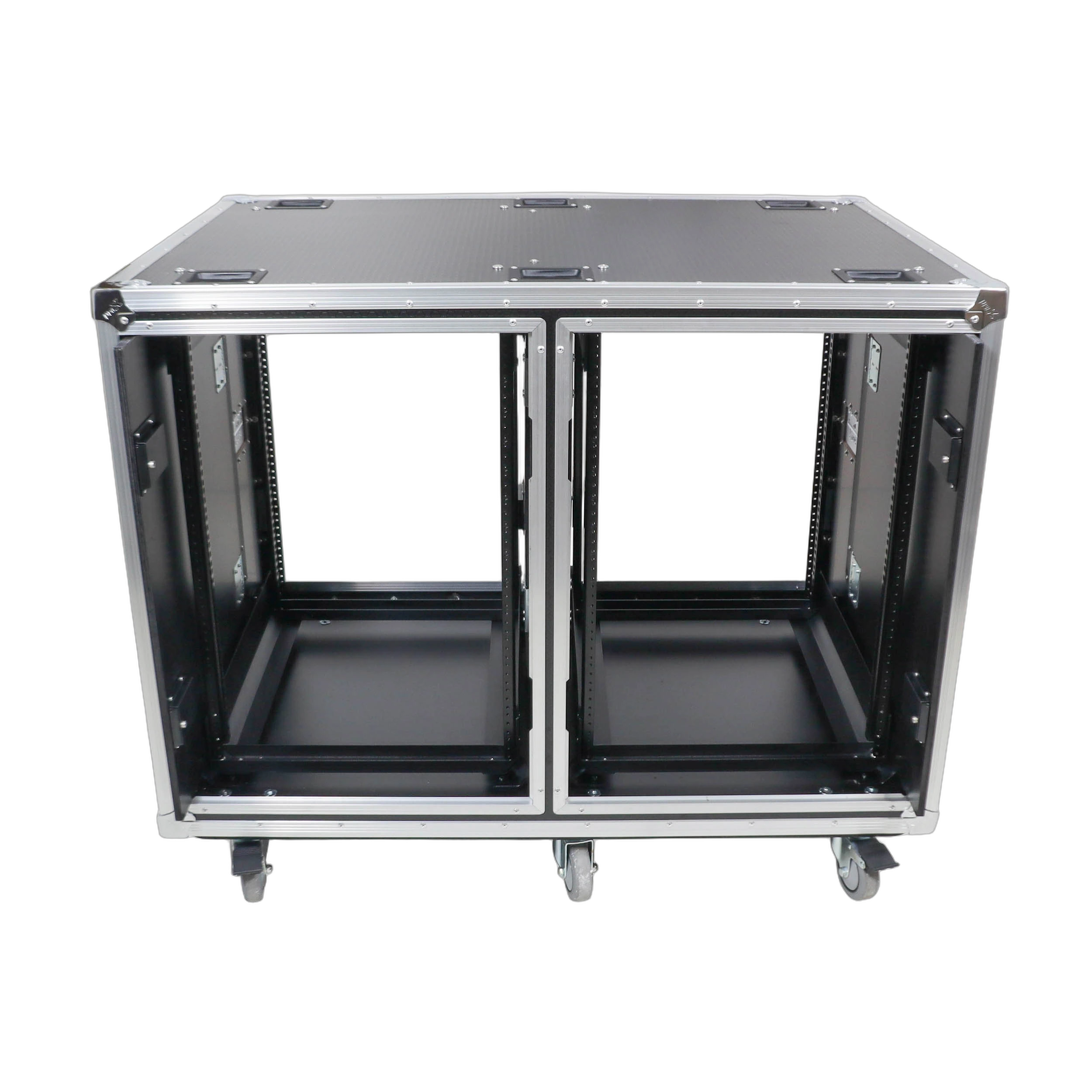 ProX 2X16U Vertical Rack Case Sliding Doors Detail ProX 2X16U 24-inch deep vertical rack case with dual sliding slam doors and caster wheels