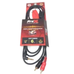 ProX 3.5mm TRS to dual RCA-M audio cable showing connector detail and cable construction