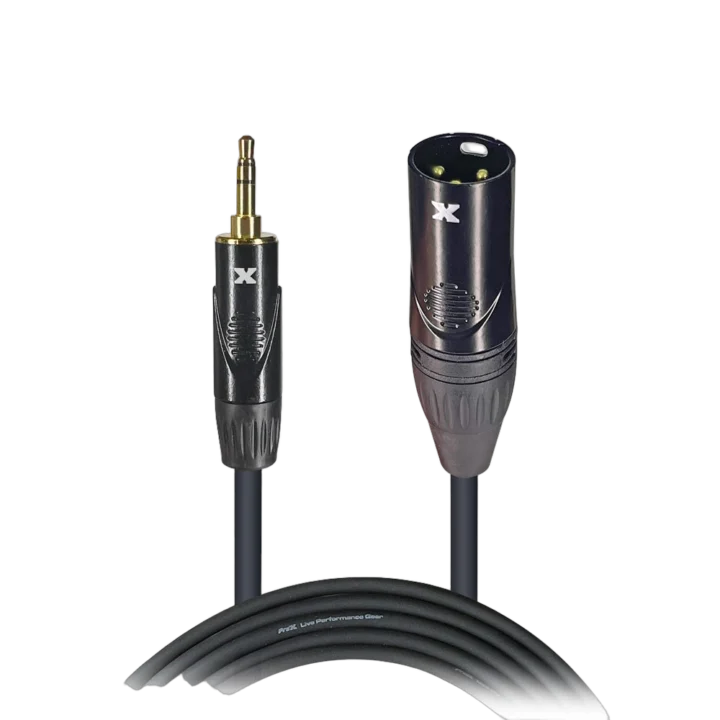 ProX 5 ft 3.5mm TRS to XLR-M audio cable with connectors displayed