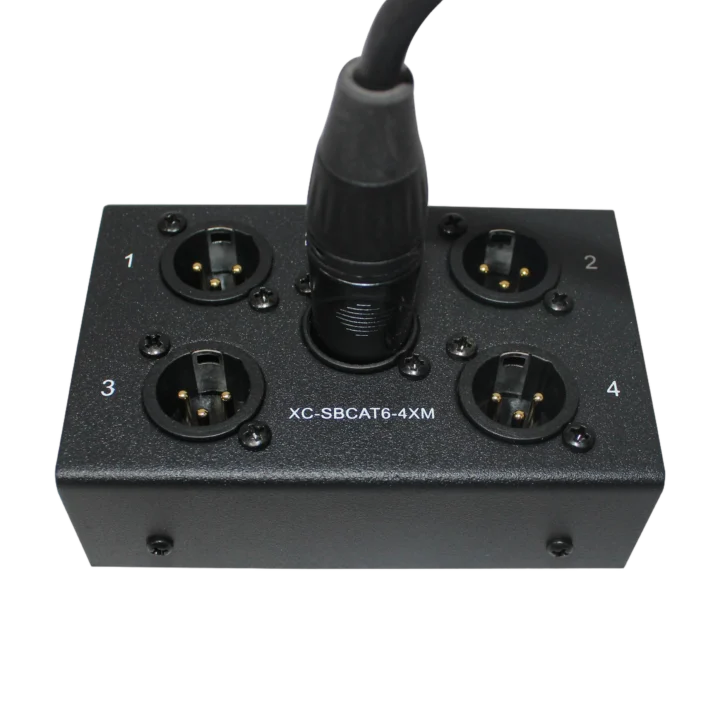 ProX 4-channel Cat6 stage snake box with four XLR male connectors, front panel view