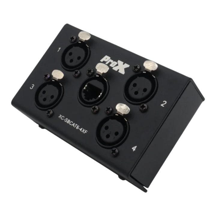 ProX 4-channel Cat6 stage snake box with four XLR female connectors, front panel view