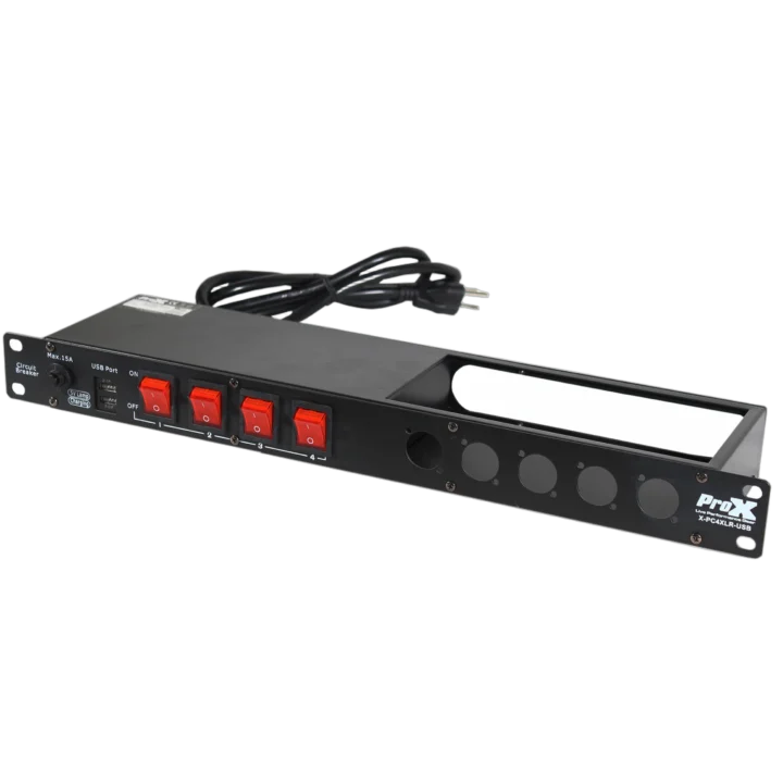 ProX 4 way Powerkon to Edison AC power strip with 5 punched D-series connectors, 15A breaker switches and LED indicators