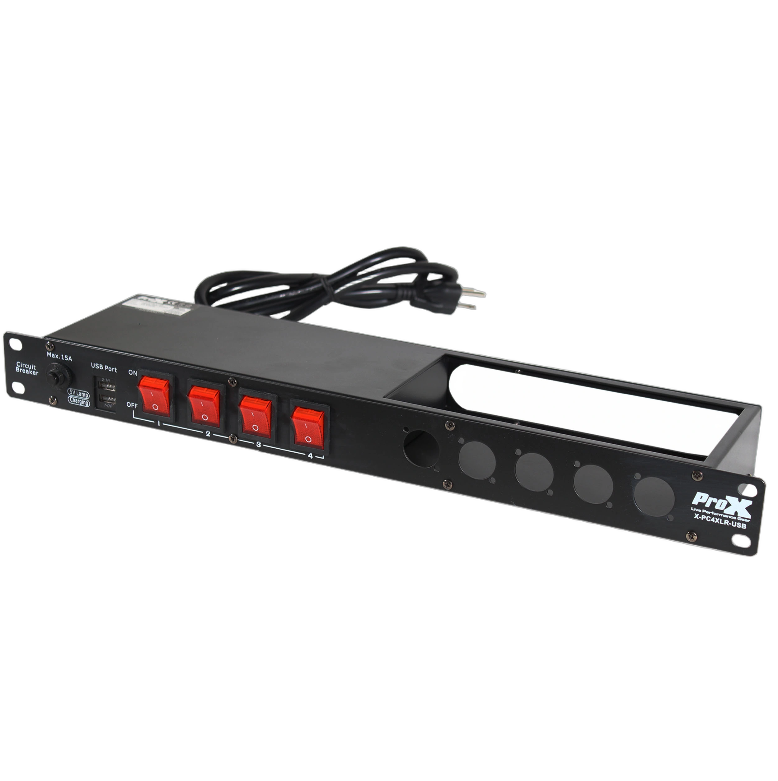 ProX 4 Way Powerkon to Edison AC Power Strip 1U Rack ProX 4 way Powerkon to Edison AC power strip with 5 punched D-series connectors, 15A breaker switches and LED indicators