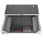 ProX 4 way Powerkon to Edison AC power strip with 5 D-series connectors and 15A breaker switches in studio setup