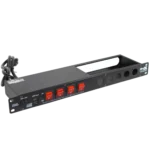 ProX 4 way Powerkon to Edison AC power strip rear panel showing five D-series connectors and breaker switches