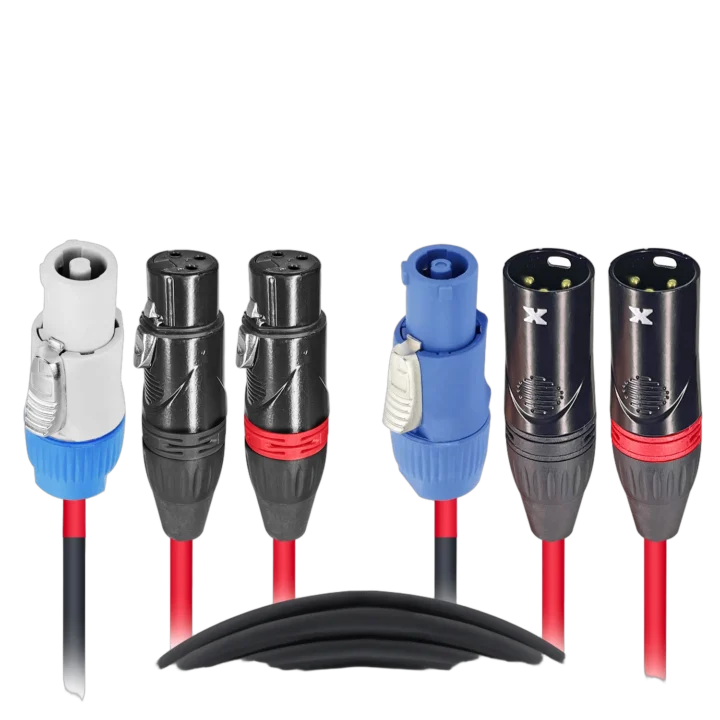 ProX 50 foot dual-XLR patch cable with PowerCON connectors coiled display