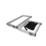 ProX white frame 6 foot foldable tabletop DJ facade with dimensional measurements and specifications