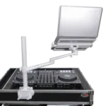 ProX white adjustable arm mount securing laptop and monitor on DJ flight case table setup