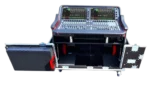 ProX flight case for Allen Heath AVANTIS mixer showing flip-ready hydraulic lifting mechanism and 2U rack space design