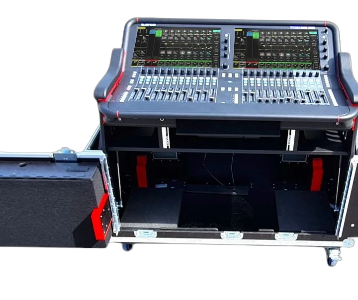 ProX flight case for Allen Heath AVANTIS mixer showing flip-ready hydraulic lifting mechanism and 2U rack space design
