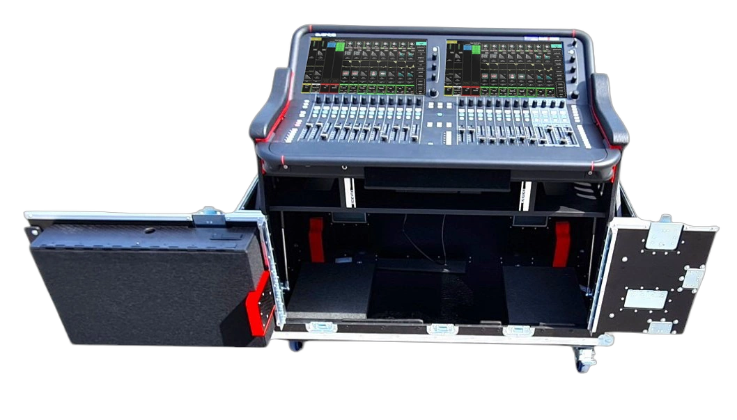 ProX Allen Heath AVANTIS Flip-Ready Console Case ProX flight case for Allen Heath AVANTIS mixer showing flip-ready hydraulic lifting mechanism and 2U rack space design