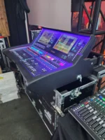 ProX flight case for Allen Heath DLive C3500 console showing hydraulic lift mechanism and laptop arm attachment detail