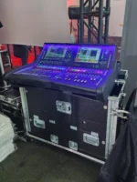 ProX flight case for Allen Heath DLive C3500 mixer console with hydraulic lift and laptop arm, side profile view