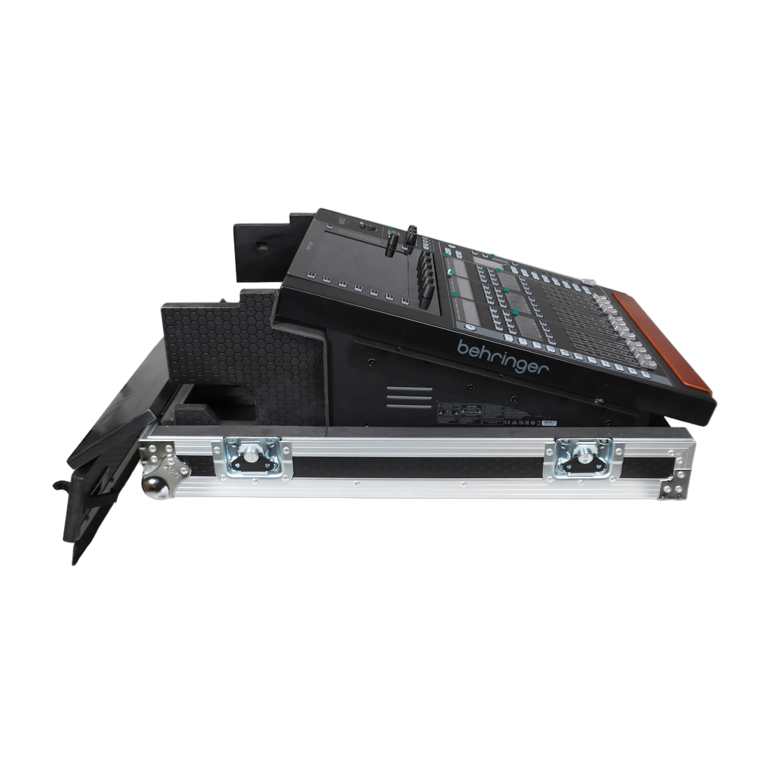 ProX ATA Flight Case Behringer WING Mixer Side View ProX ATA flight case for Behringer WING compact mixer with doghouse compartment and caster wheels, side profile view