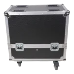 ProX ATA flight case hardware detail showing latches and reinforced corner protection for QSC K10 speakers