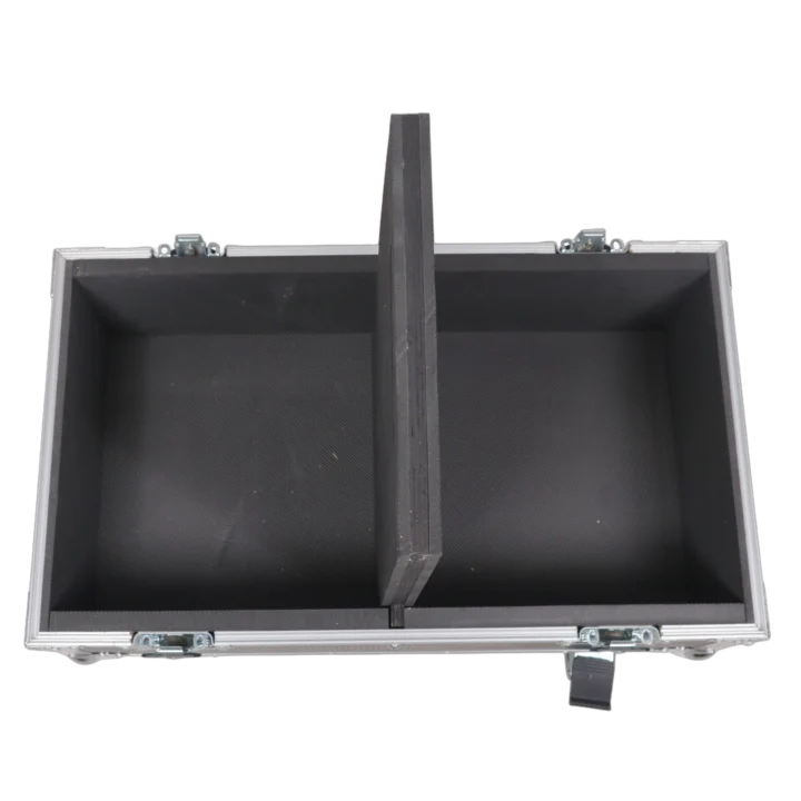 ProX ATA style flight case for dual QSC K10 speakers showing reinforced side panel and handle