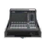 ProX ATA flight case for Yamaha DM7 compact mixer with doghouse compartment and caster wheels in professional studio setup