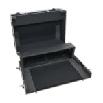 ProX ATA flight case for Yamaha DM7 expansion console with doghouse compartment and caster wheels in professional studio setup