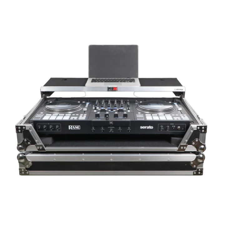 ProX ATA flight case for RANE Four DJ controller showing rack space and laptop shelf detail