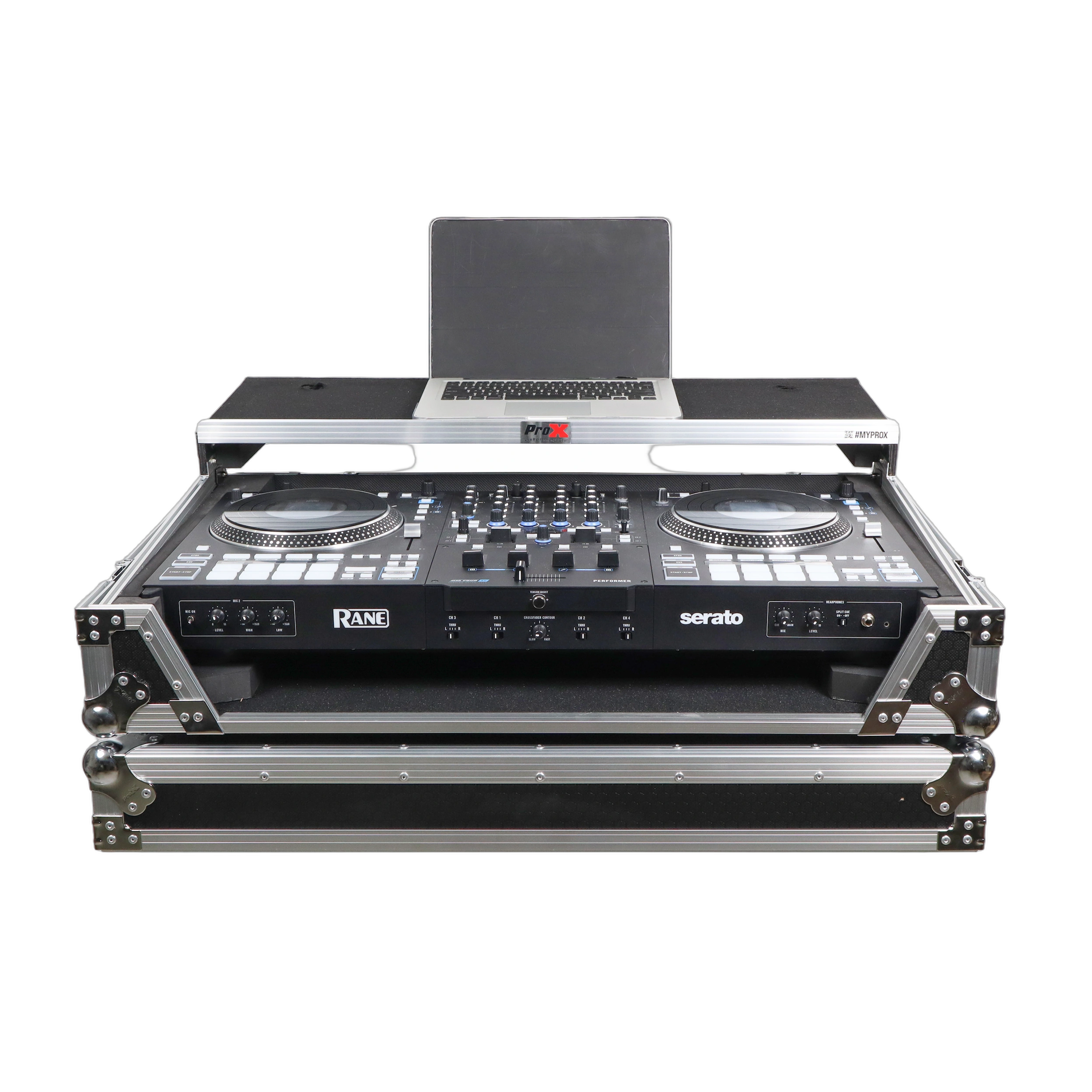 ProX ATA Flight Case RANE Four DJ Controller Detail ProX ATA flight case for RANE Four DJ controller showing rack space and laptop shelf detail