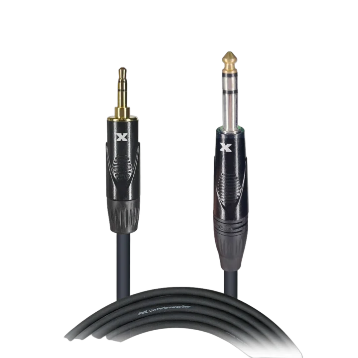 ProX 5 foot audio cable with 3.5mm TRS and 1/4 inch TRS connectors on white background