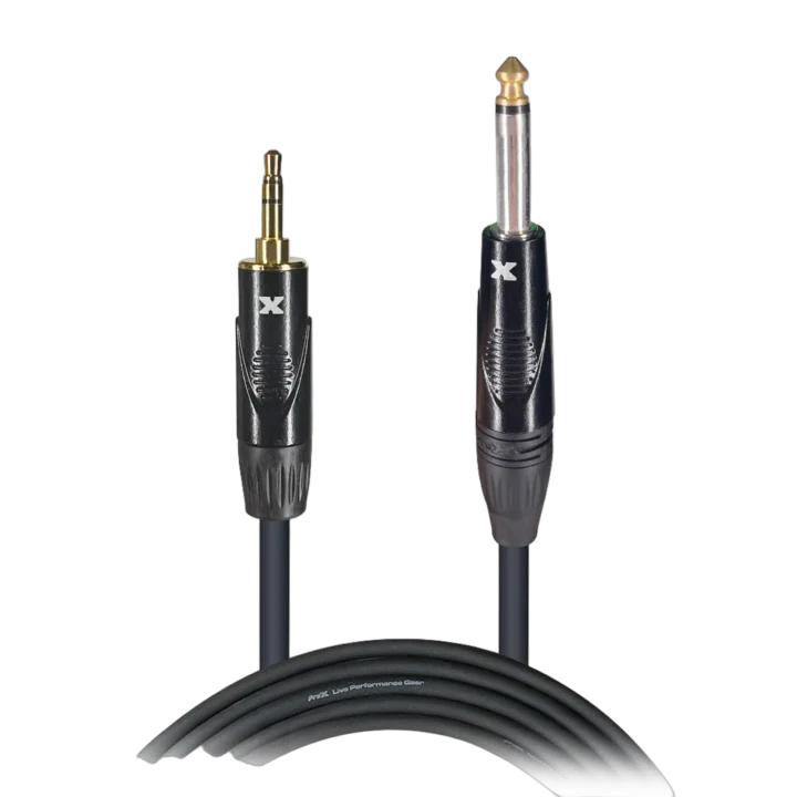 ProX 5 foot audio cable with 3.5mm TRS and 1/4 inch TS connectors coiled display