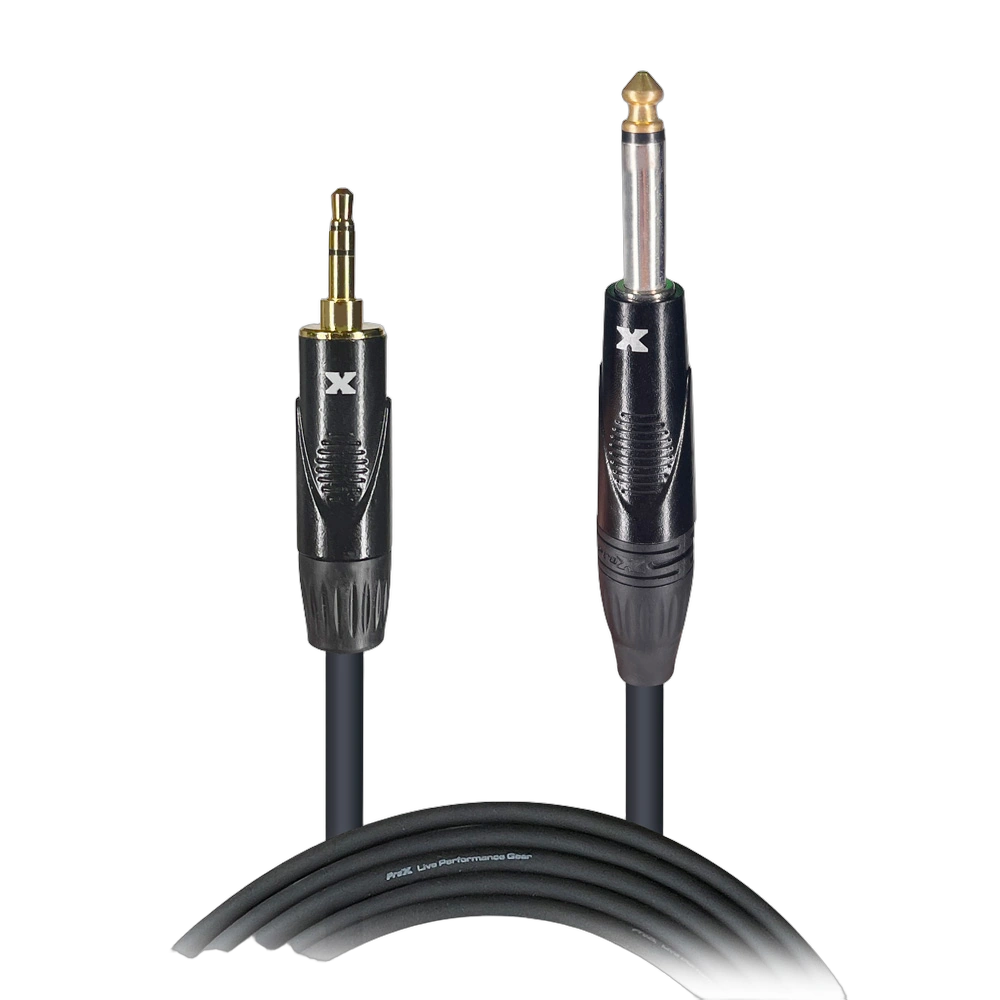 ProX 5ft 3.5mm TRS to 1/4 TS Audio Cable ProX 5 foot audio cable with 3.5mm TRS and 1/4 inch TS connectors coiled display
