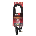 ProX 10 ft audio cable showing 3.5mm TRS to XLR-M connector detail and construction