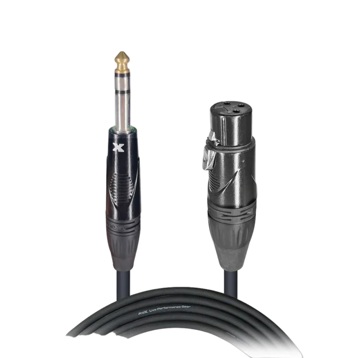ProX 25 foot balanced audio cable with 1/4 inch TRS to XLR-F connectors coiled display