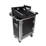 ProX flight case for Behringer Wing Compact mixer with hydraulic lifting mechanism and wheels in professional studio setting