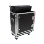ProX flight case for Behringer Wing Compact mixer with hydraulic lifting mechanism and wheels in professional studio setup