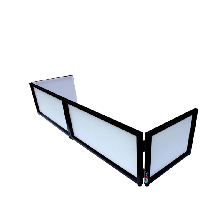 ProX black frame 6 foot foldable four panel DJ facade tabletop booth with black and white scrims front view