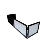 ProX 6 foot foldable tabletop DJ facade with black frame, four panels, and dimensional measurements diagram