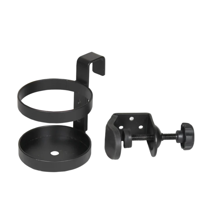 ProX cup holder mounted on microphone stand showing side profile and grip mechanism