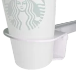 ProX white cup holder mount installed on B3 DJ workstation table with side angle view