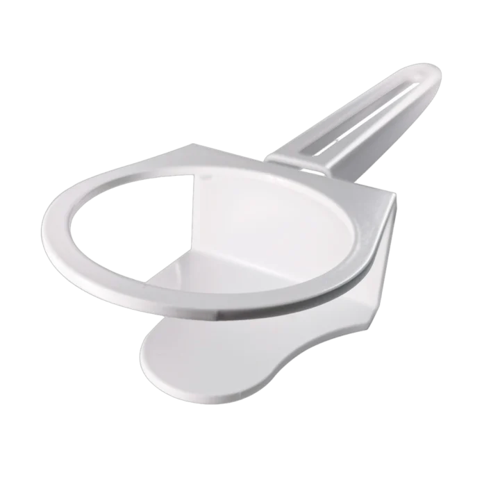 ProX white drinking cup holder mounted on B3 DJ workstation table with secure clamp attachment