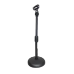 ProX desktop microphone stand with six inch round base mounted on studio desk with microphone