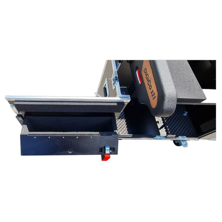 ProX DiGiCO S21 flip-ready hydraulic mixer console flight case with wheels, side profile view showing case depth and handle