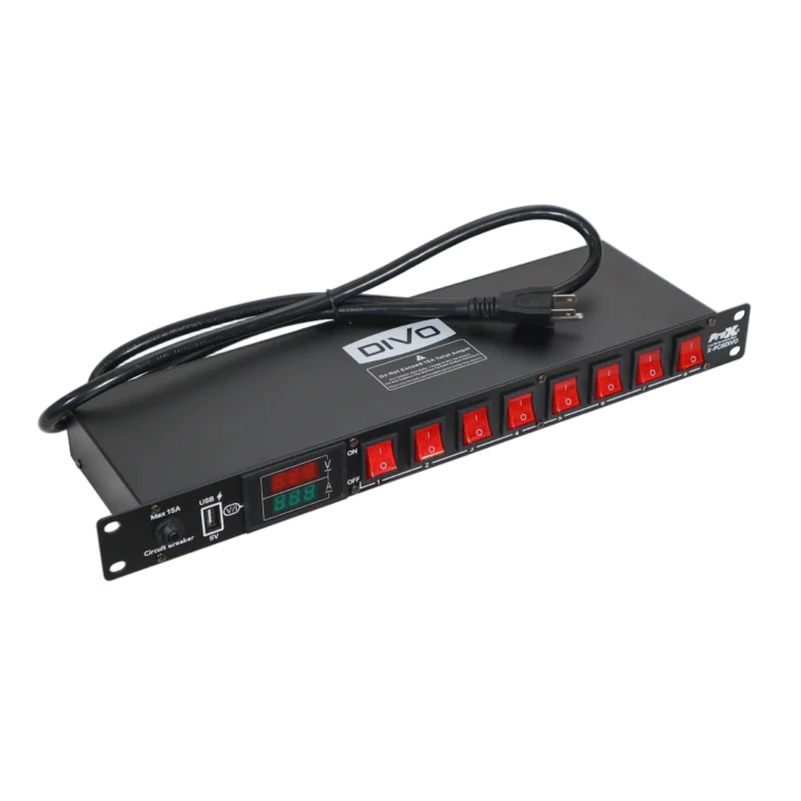 ProX Divo 8 way power distribution center with LED indicators, USB port, and rack mount hardware