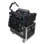ProX flip-ready console case for DM7-EX compact mixer with hydraulic lifting and auto casters in professional studio application