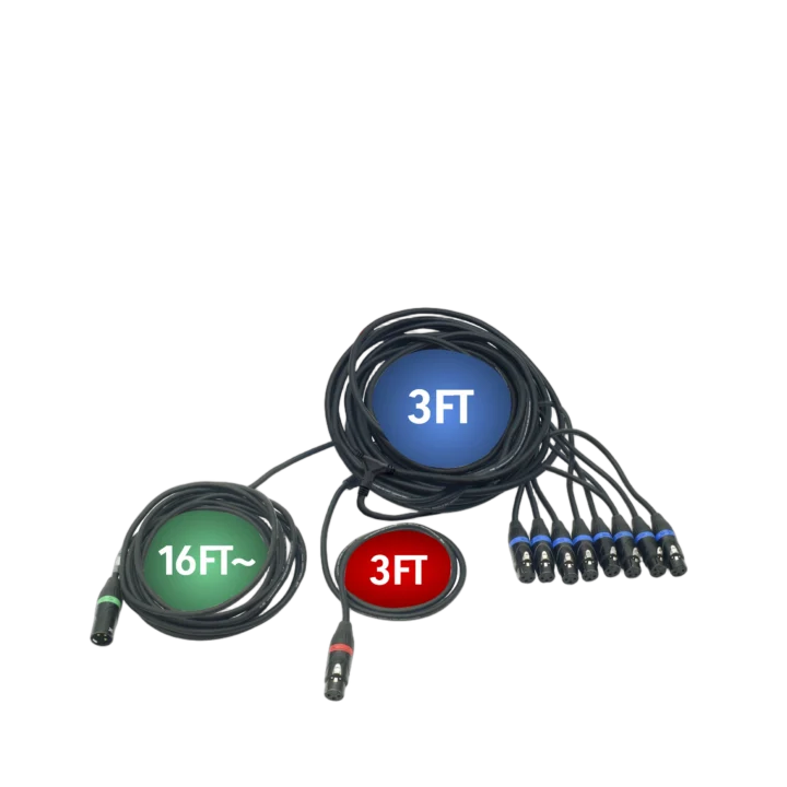ProX 43 foot DMX cable with 1 to 9 outlet 3-pin connectors full length view