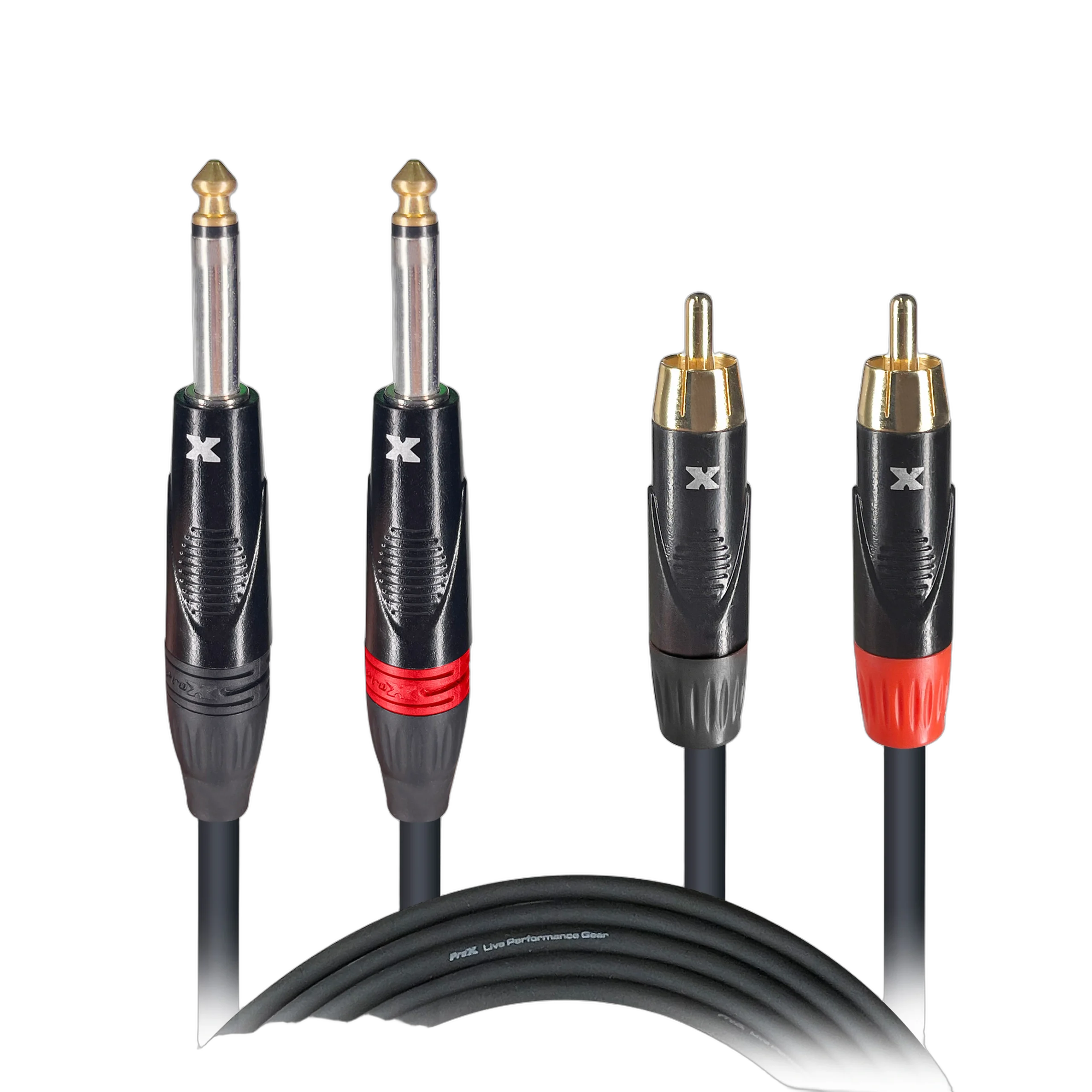 ProX Dual-Channel Patch Cable 1/4 TS to RCA ProX 3 ft dual-channel patch cable with 1/4 inch TS mono and RCA male connectors
