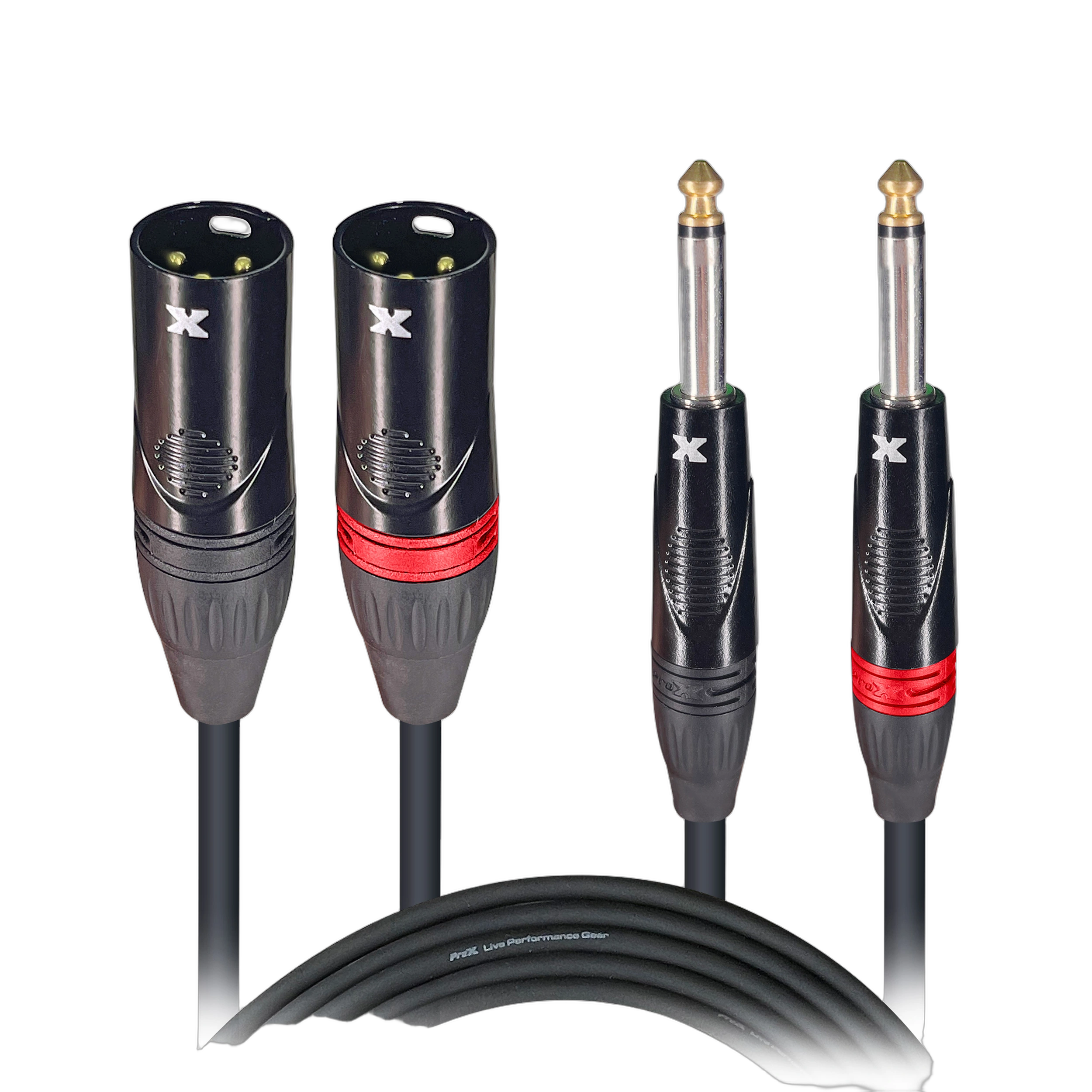 ProX Dual-Channel Patch Cable 1/4 TS XLR Male ProX 10 ft dual-channel patch cable with 1/4 inch TS to XLR male connectors coiled display