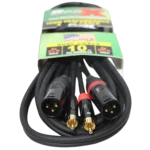 ProX 10 ft dual-channel patch cable with RCA male and XLR male connectors, close-up detail view
