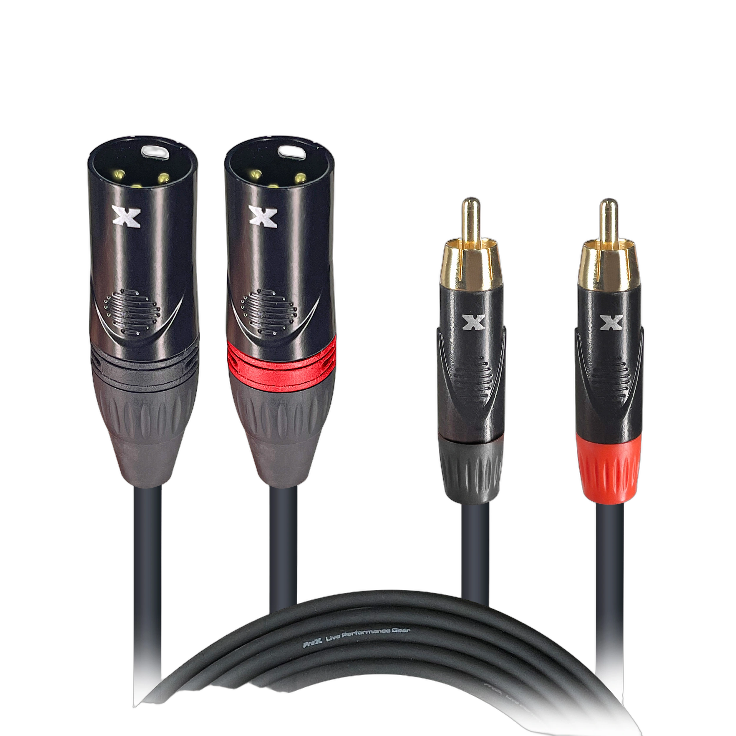 ProX Dual-Channel RCA to XLR Patch Cable Front View ProX 5 ft dual-channel patch cable with RCA male connectors on one end and XLR male connectors on the other end